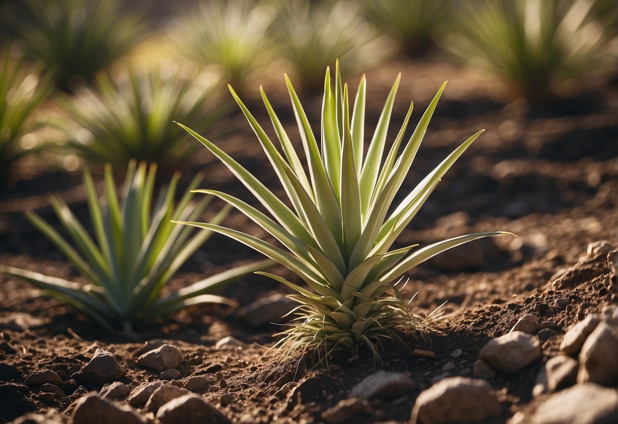 A yucca plant sits in a well-lit area with loose, well-draining soil. The plant is healthy and thriving, with multiple offshoots ready for division
