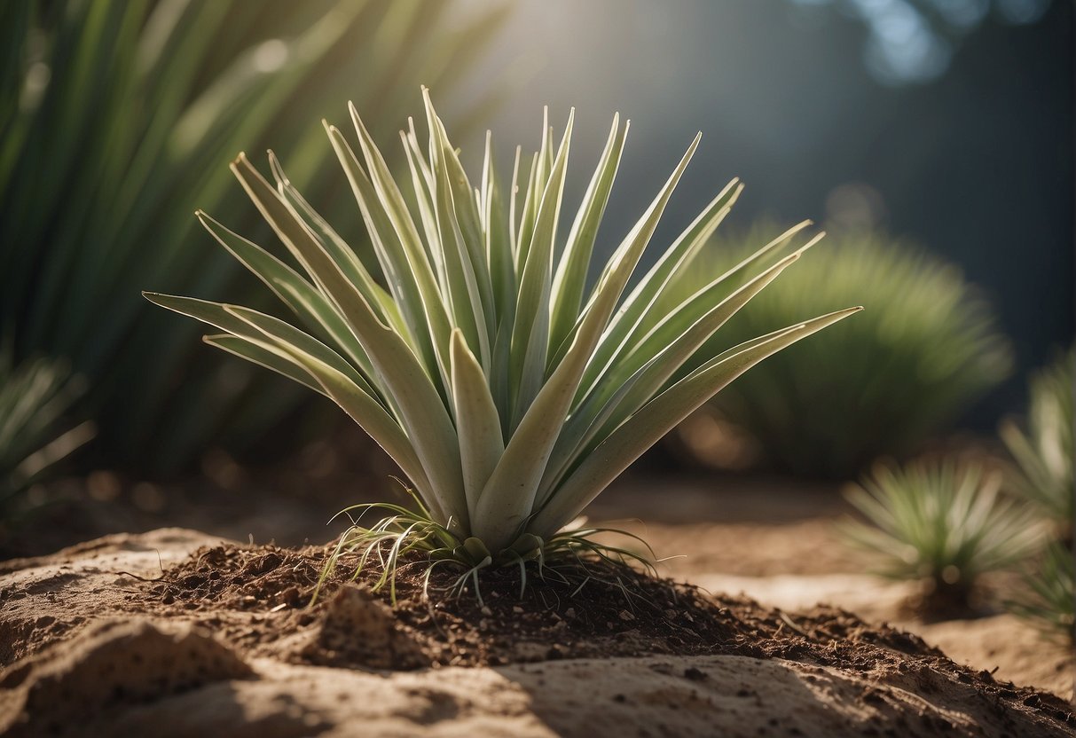 A yucca plant is being divided, showing the process step by step. The plant is carefully separated at the roots, ensuring each new section has enough foliage and roots to thrive