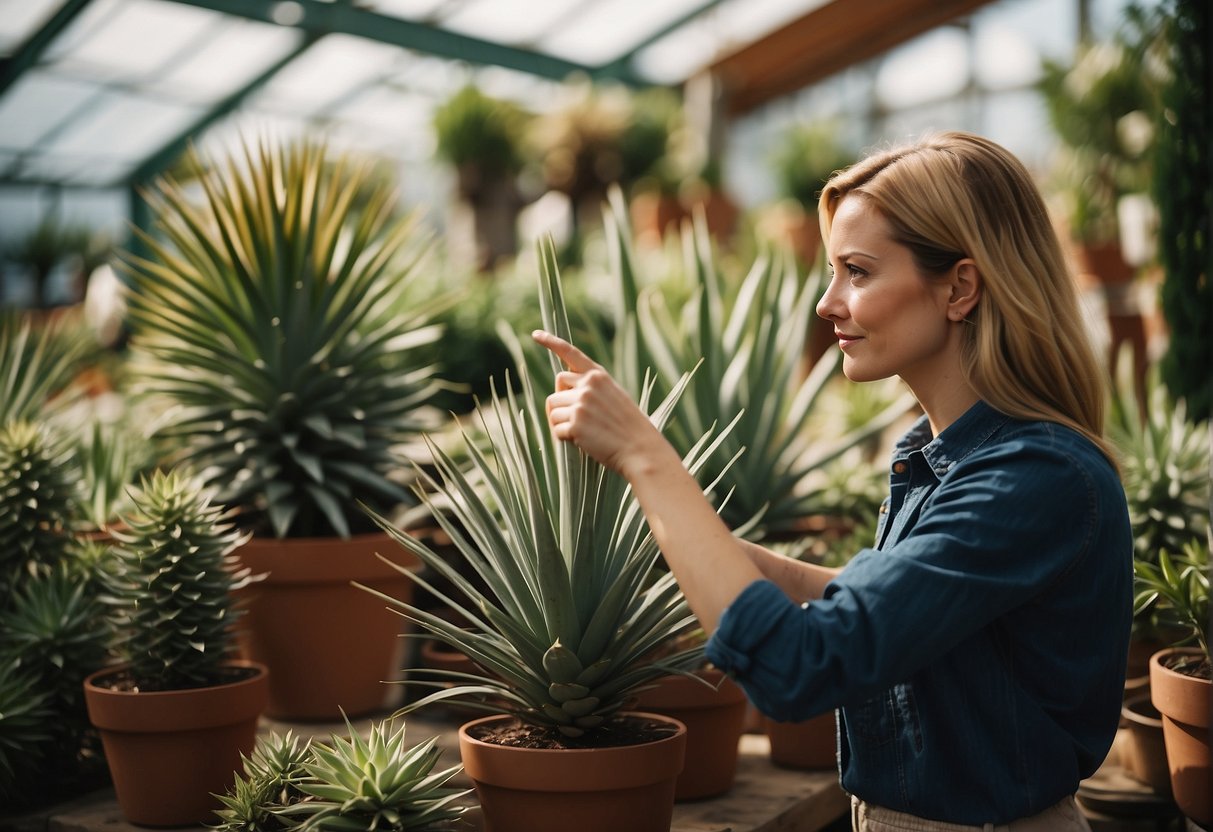 A person pointing at a tall yucca plant in a garden center, surrounded by other potted plants and gardening supplies