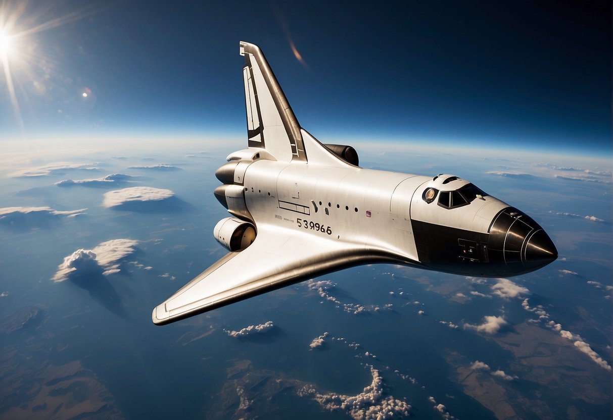 A sleek, futuristic space shuttle hovers above a fragile, blue planet, highlighting the ethical dilemma of space tourism: luxury and opulence juxtaposed against the need for sustainability and environmental preservation
