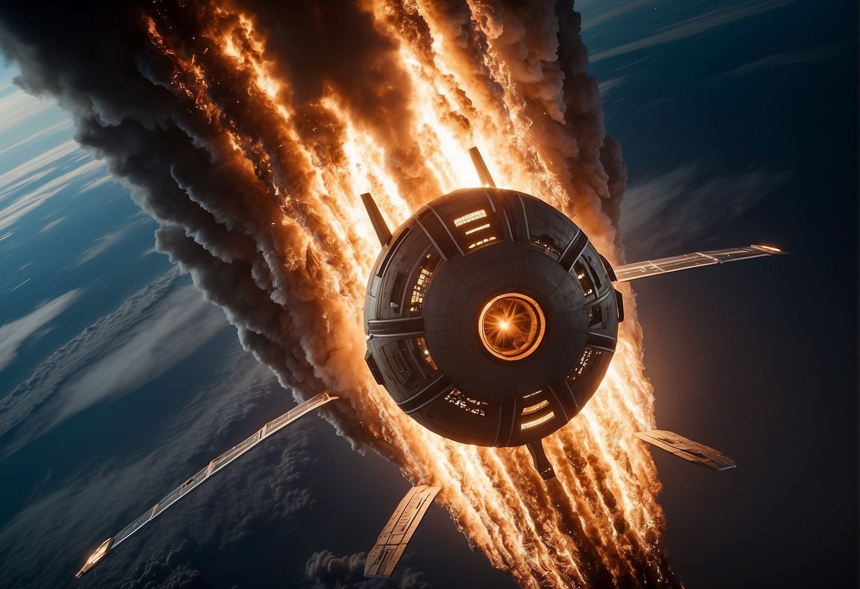 A sleek spacecraft launches from Earth, leaving a trail of fire and smoke behind. The contrast between the opulence of the spacecraft and the fragility of the planet below highlights the ethical dilemma of space tourism