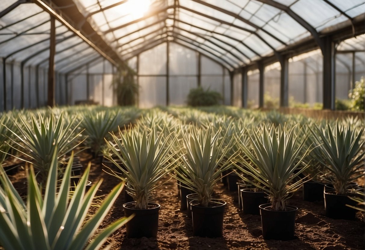 Sunlight filters through a greenhouse roof onto rows of yucca plants in rich, well-draining soil. A gentle breeze rustles the leaves, while a small irrigation system keeps the soil moist