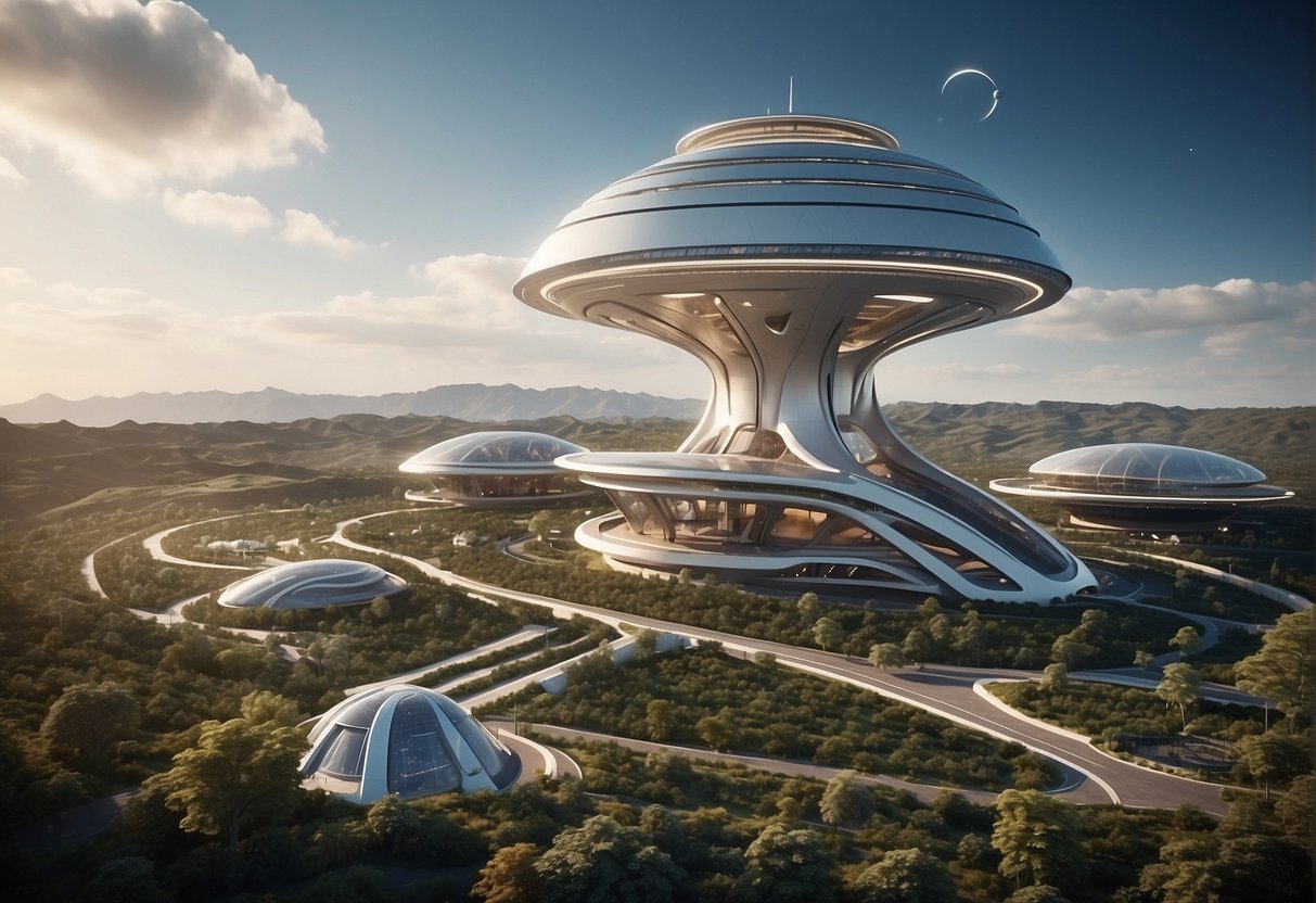 A futuristic spaceport with sleek, eco-friendly spacecraft docking alongside opulent, high-end luxury space hotels, surrounded by sustainable infrastructure and renewable energy sources