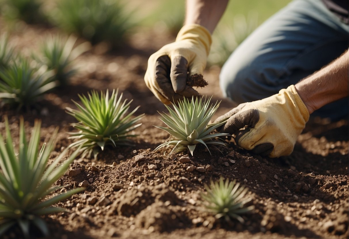 A gardener carefully digs up yucca plants and transfers them to new soil