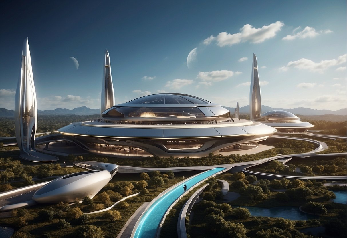 A futuristic spaceport with sleek, eco-friendly spacecraft docking next to opulent, high-end space tourism facilities. The contrast between luxury and sustainability is evident in the design and operations of the spaceport