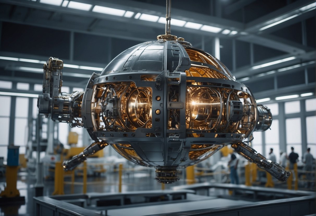 A spacecraft is being constructed in a zero-gravity environment, with engineers and robotic arms assembling intricate components