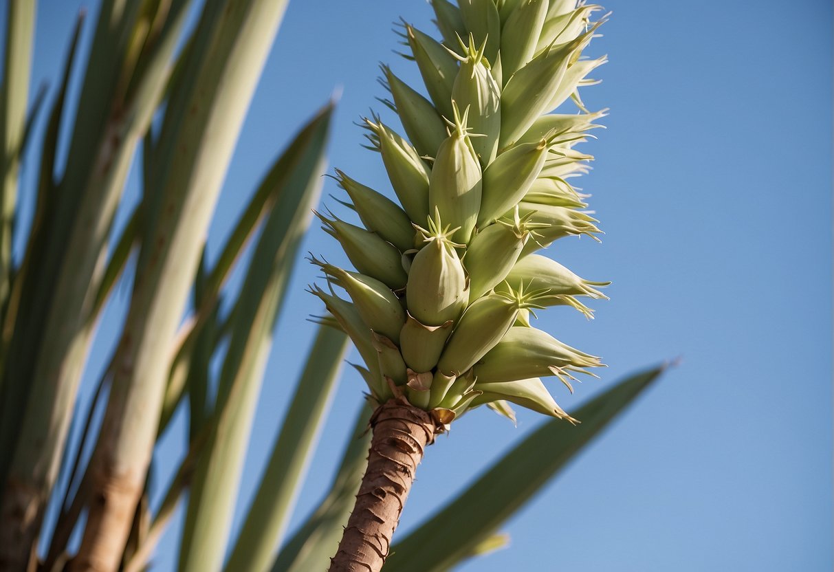 A yucca plant reaching towards the sky, with long, slender leaves and a sturdy trunk, surrounded by a well-tended garden