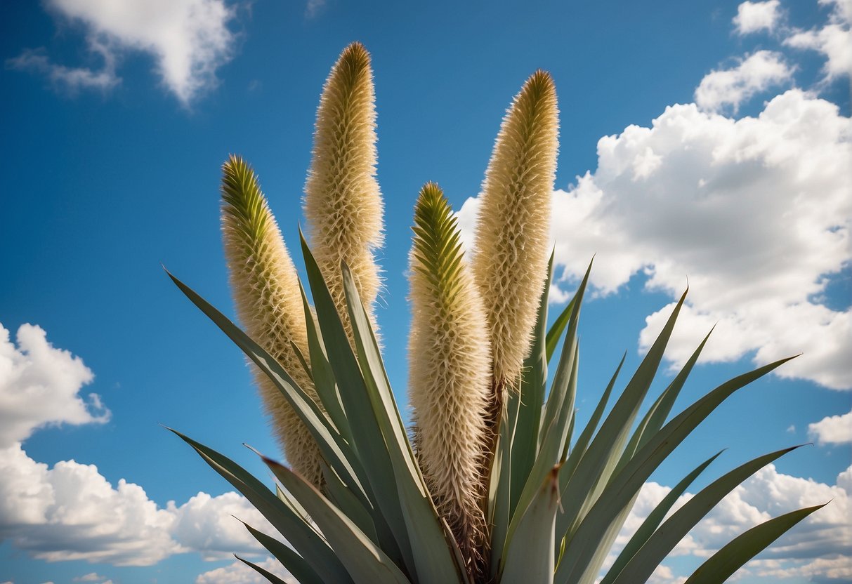 A yucca plant reaching towards the sky, its long, slender leaves stretching upward, with a backdrop of a clear blue sky and a few fluffy white clouds