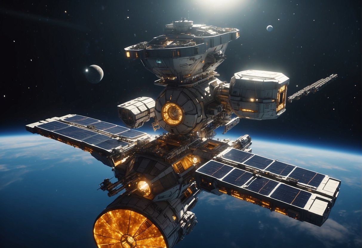 A space station orbits Earth, with solar panels and docking ports. Robots construct modules and connect pipelines. Asteroids float in the background