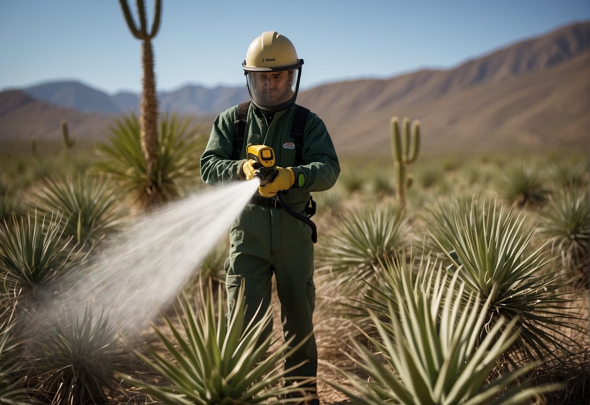 Spraying herbicide on yucca plants