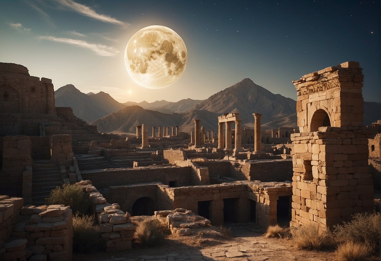 The moon rises over ancient ruins, symbolizing humanity's connection to celestial bodies and the potential for future space exploration