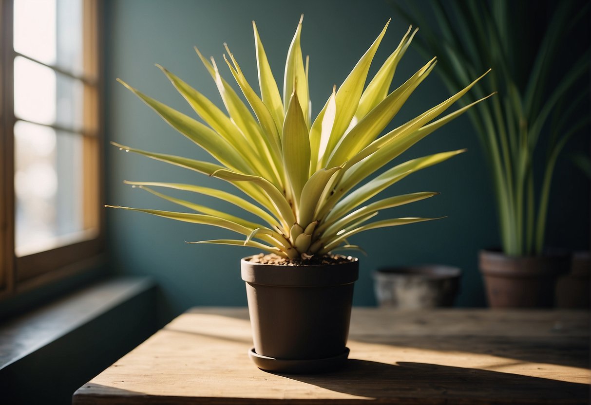 A yucca plant with partial yellow leaves sits in a well-lit room. The soil is well-draining and the plant is watered sparingly