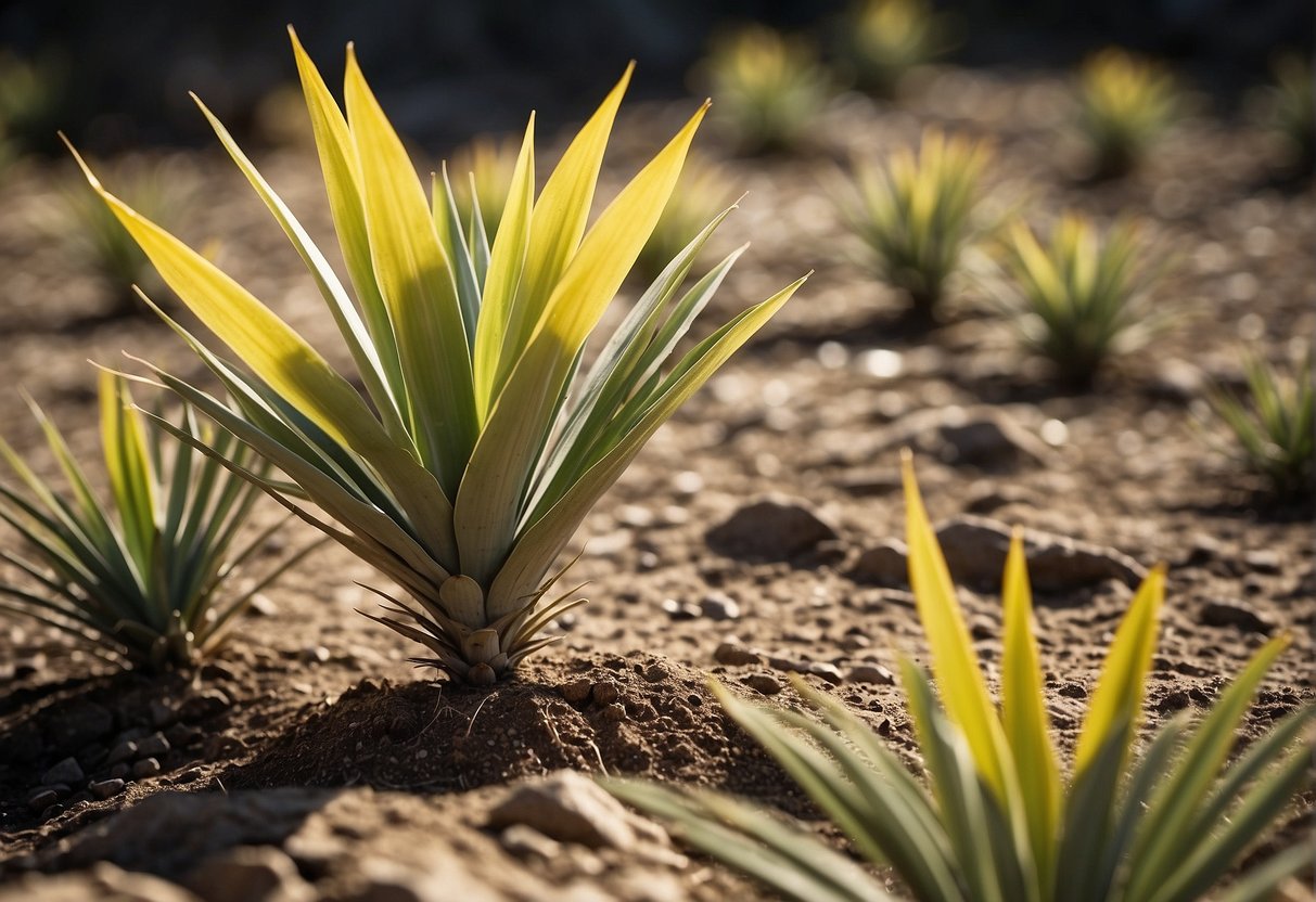 A yucca plant with some yellow leaves, surrounded by well-draining soil and receiving adequate sunlight
