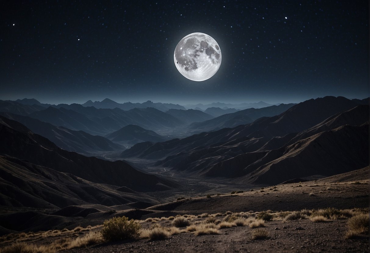 The moon looms large in the night sky, casting a silvery glow over the landscape. Its craters and mountains stand out against the dark expanse, hinting at the scientific mysteries and cultural significance that have captivated humans for centuries