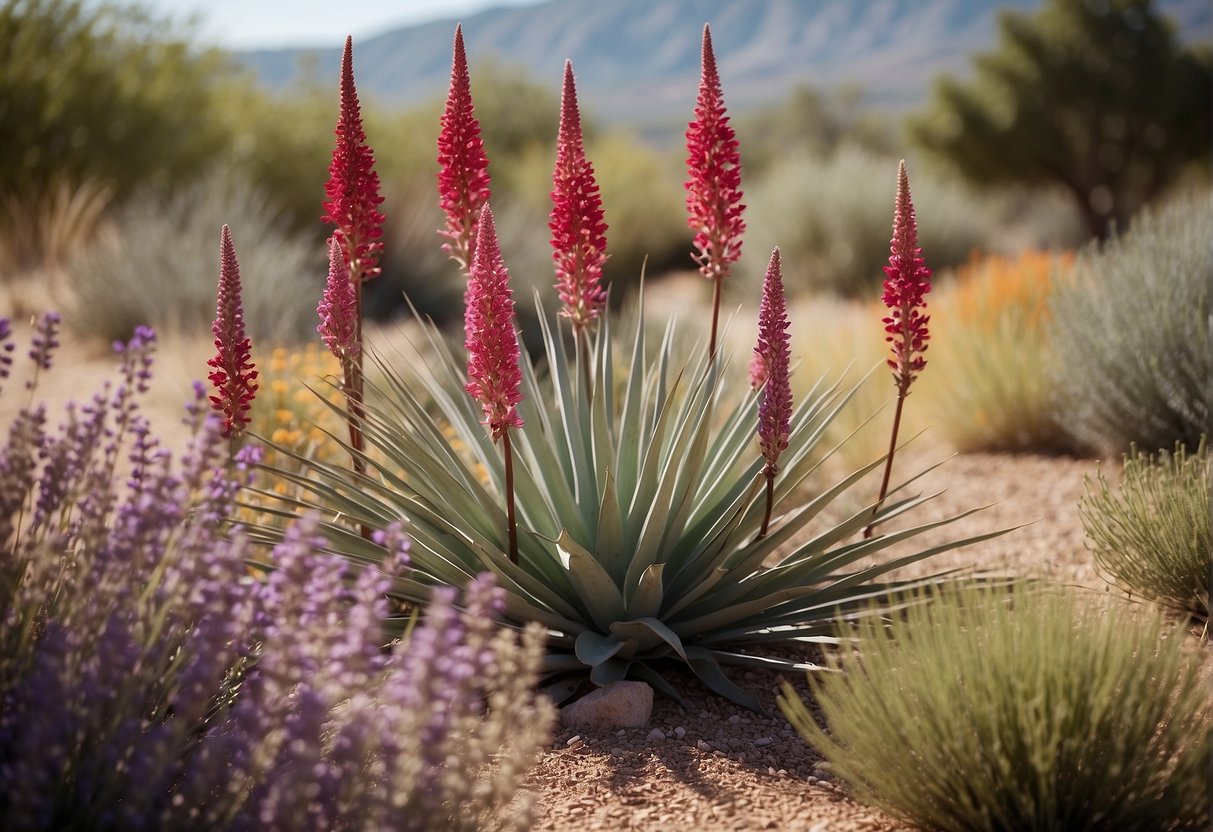 Red yucca surrounded by drought-tolerant companions like lavender, penstemon, and ornamental grasses in a sunny, arid garden bed