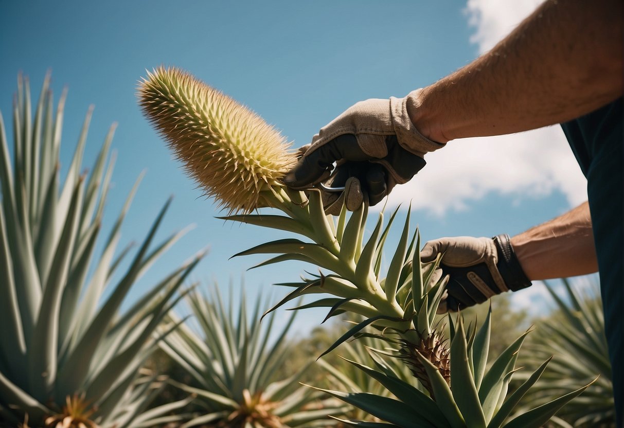 A yucca plant with tall, spiky blooms reaching towards the sky. A gardener carefully trims the flowers off with pruning shears