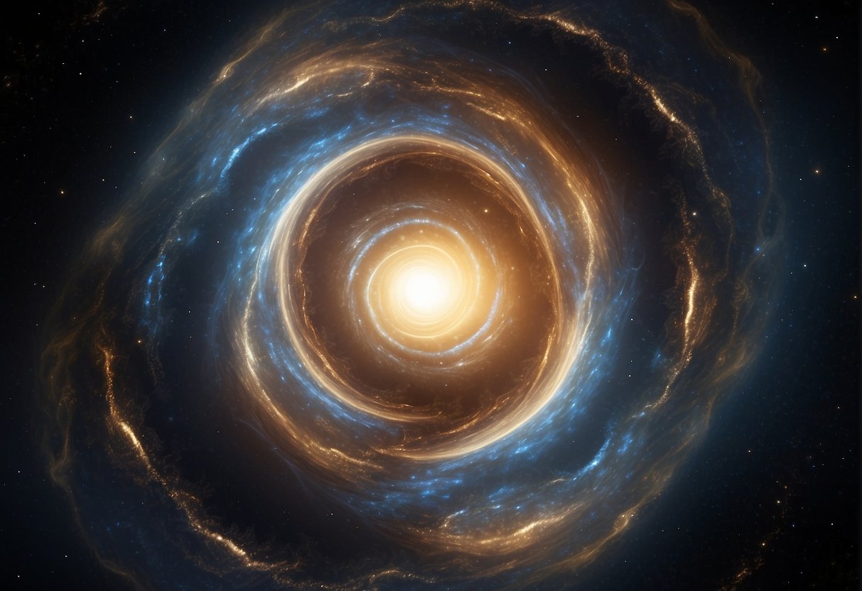 A swirling vortex of light and energy, surrounded by a distortion of space-time, with a sense of immense power and potential for interstellar travel