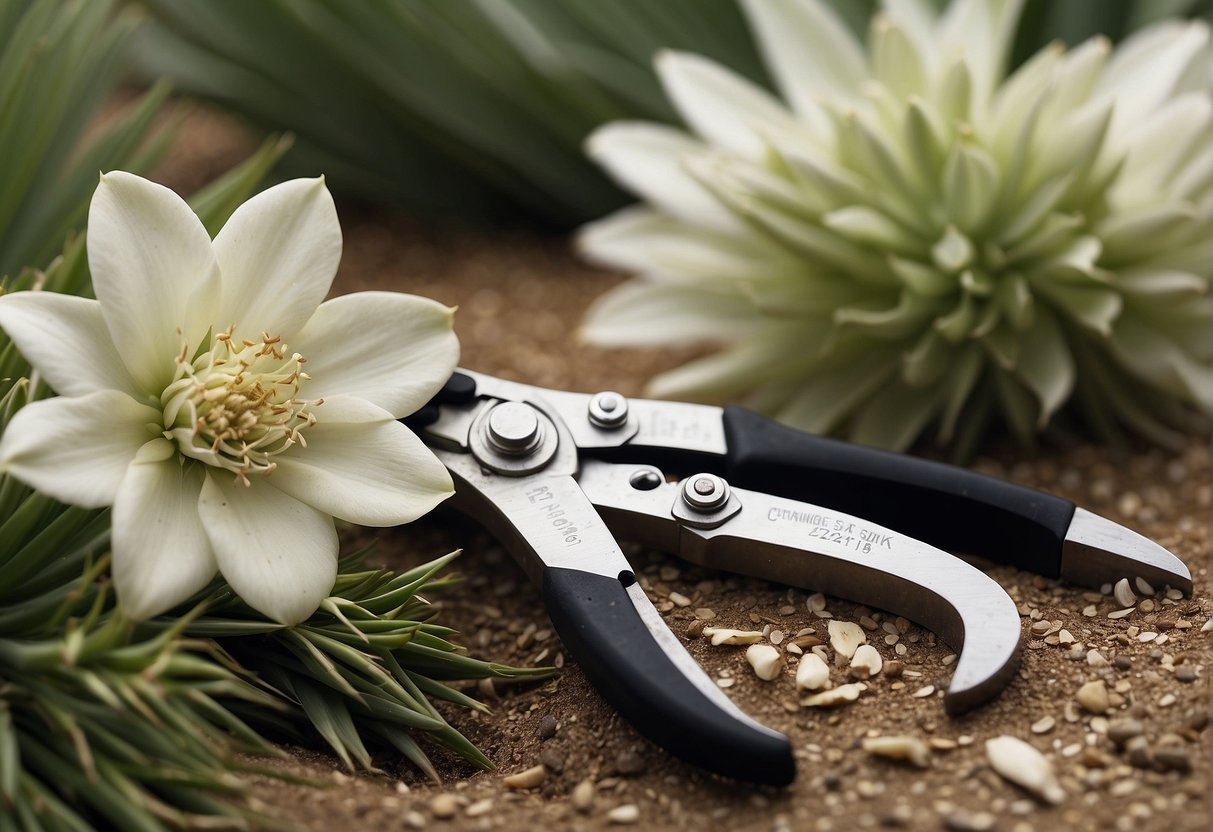 A pair of pruning shears snipping off the long, white flowers from a yucca plant, with a pile of discarded blooms nearby