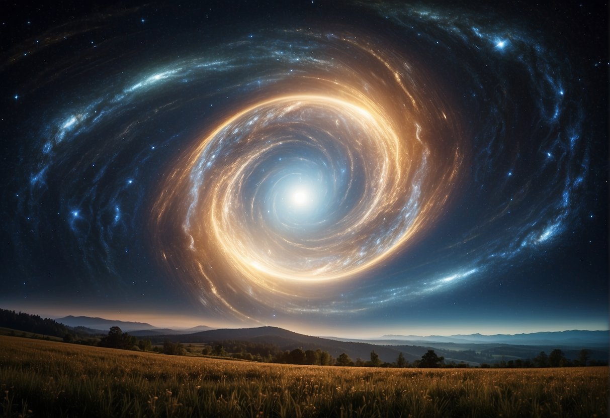 A swirling vortex of light and energy, surrounded by a field of distorted space-time, with stars and galaxies visible in the background