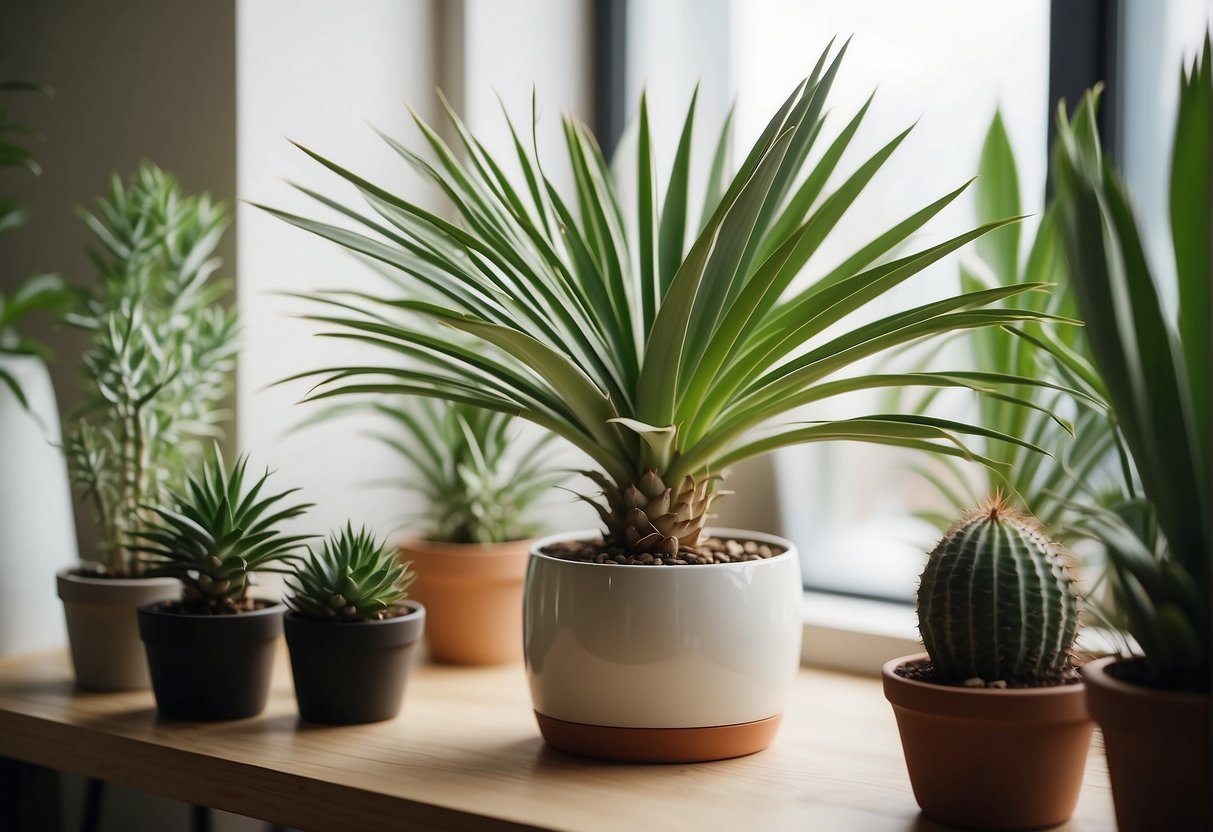 A yucca plant sits in a bright, airy room with minimalistic decor. It is potted in a simple, modern container and surrounded by other greenery
