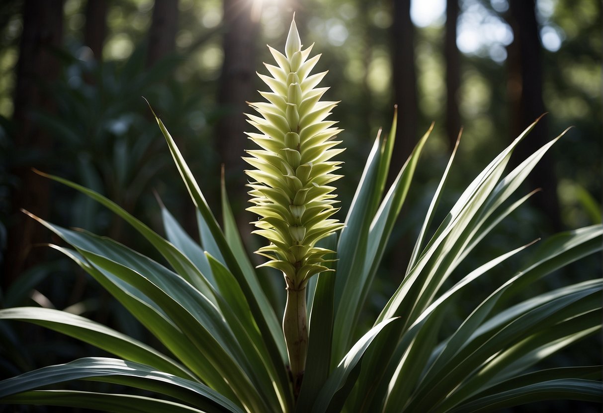 A yucca plant stands tall in a temperate woodland, with its long, sword-shaped leaves reaching towards the sky. The plant is surrounded by other trees and shrubs, creating a lush and diverse environment