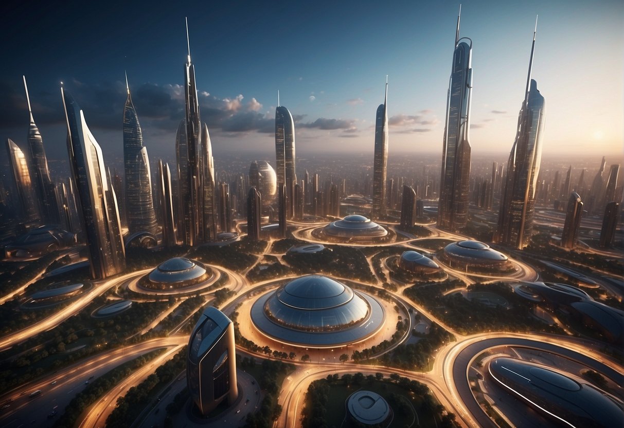 A bustling city with futuristic skyscrapers and bustling spaceports, showcasing the economic and societal impact of space exploration