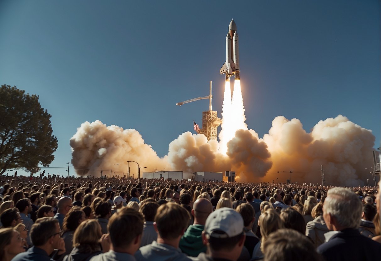 A rocket launches into space, surrounded by a crowd of people watching and cheering. A network of interconnected devices and platforms supports the mission, symbolizing the collaborative and ethical nature of crowdsourced space exploration