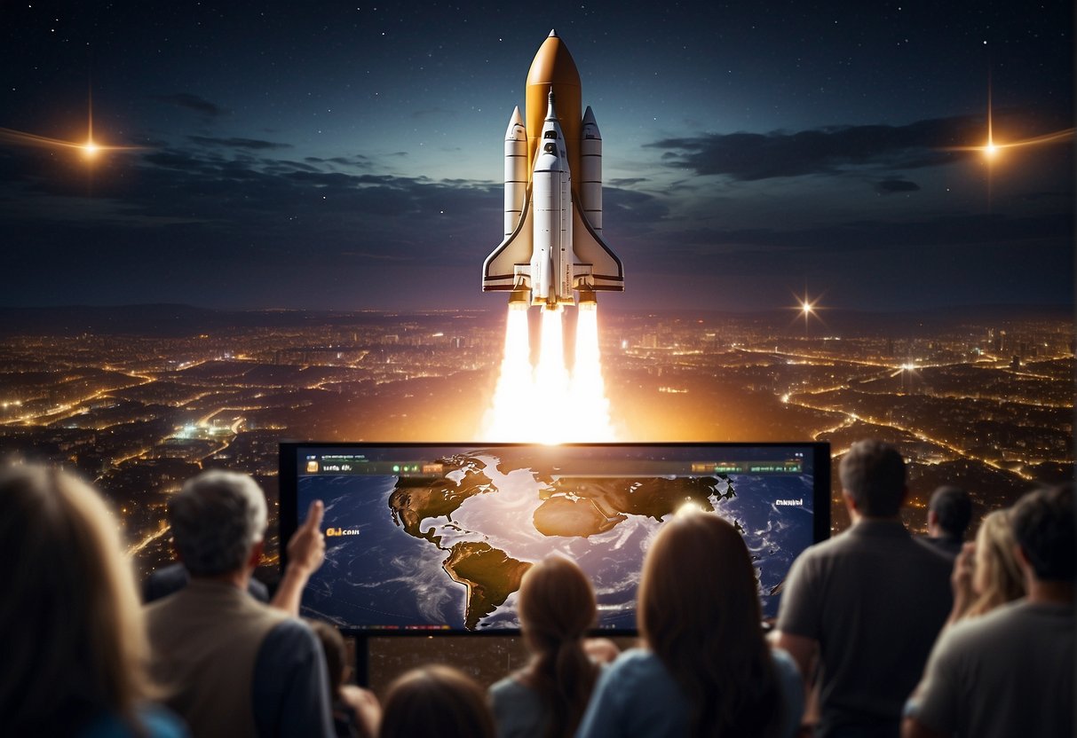 A rocket launches from Earth, surrounded by a crowd of excited onlookers. A digital interface displays a map of the cosmos, with users contributing to a crowdfunding campaign for the next space mission