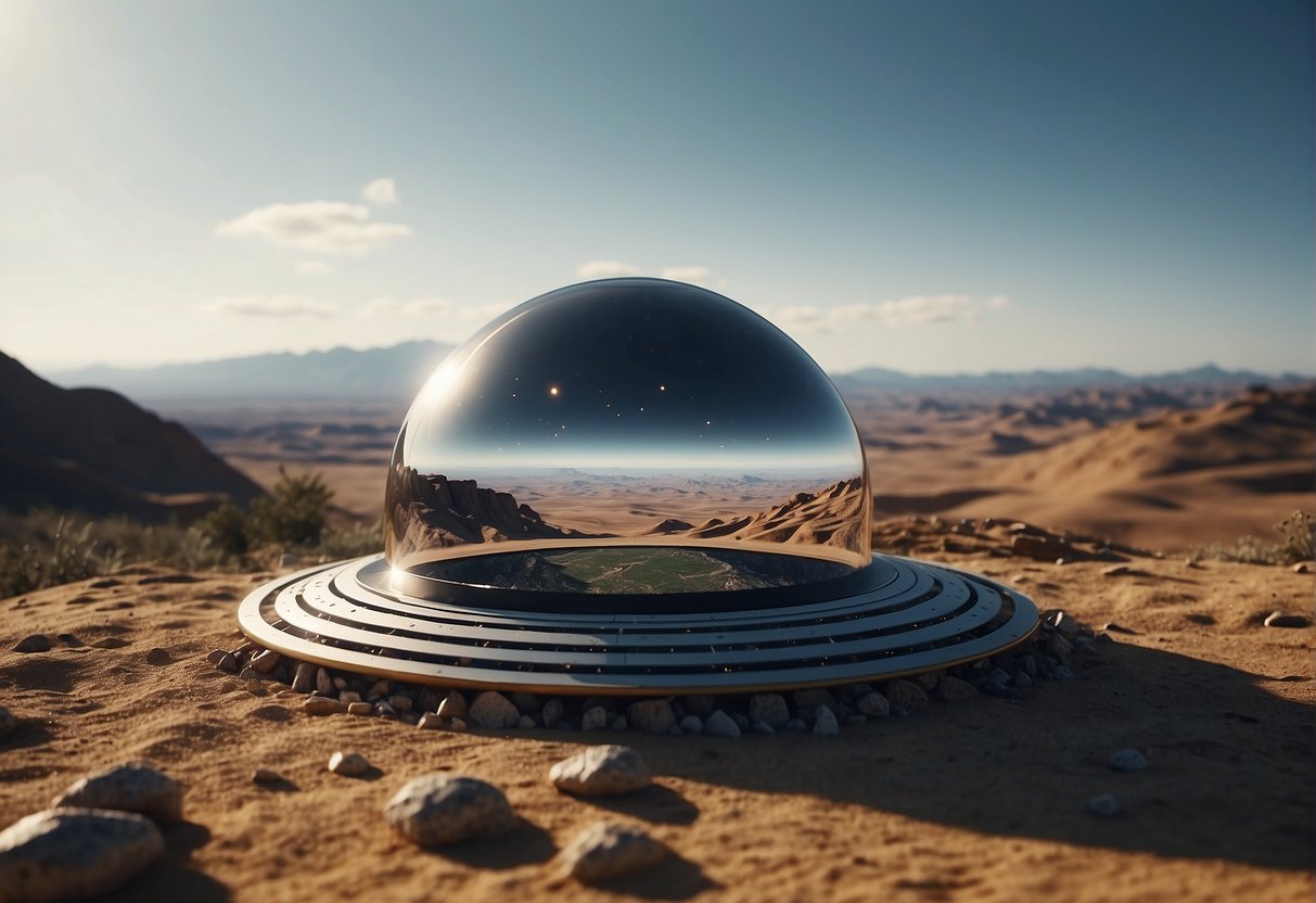Landscape with futuristic technology altering alien terrain for terraforming