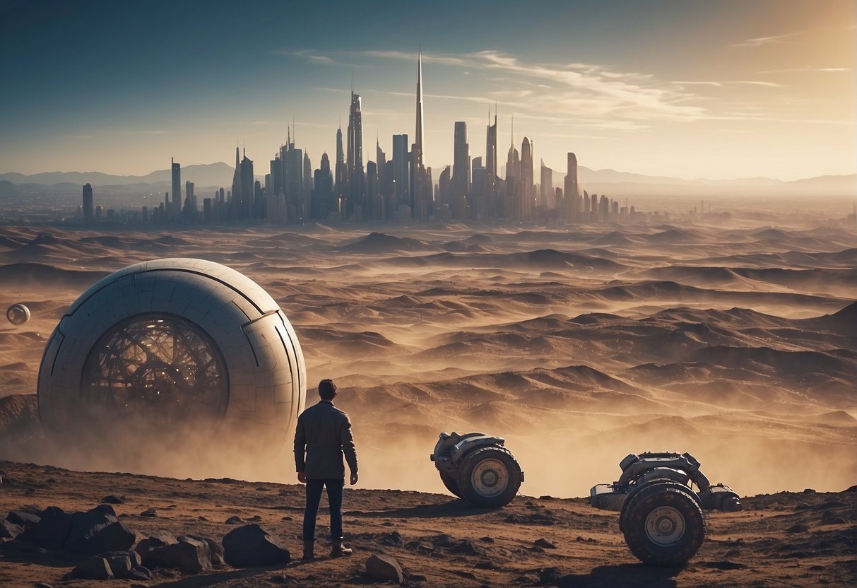 A barren planet with machinery transforming its surface, while scientists observe from a distance. A futuristic cityscape looms in the background