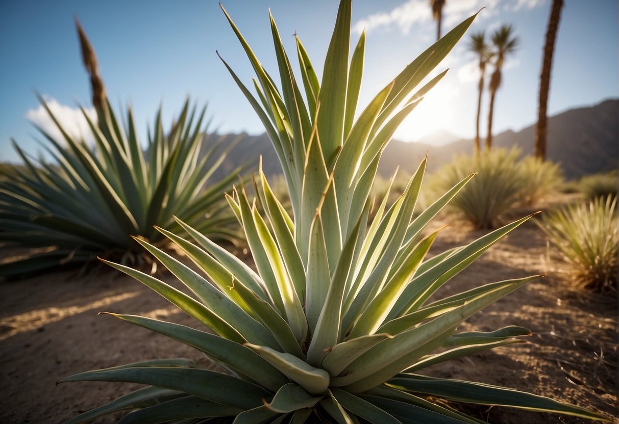 A yucca plant thrives in a temperate zone 9 climate, with its tall, sword-like leaves reaching towards the sun and its sturdy stem anchored in the ground