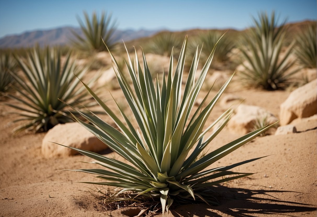 Yucca plants thrive in Zone 9, with bright sunlight, well-drained soil, and minimal water. Illustrate a sunny, arid landscape with sandy soil and a mature yucca plant flourishing in the foreground