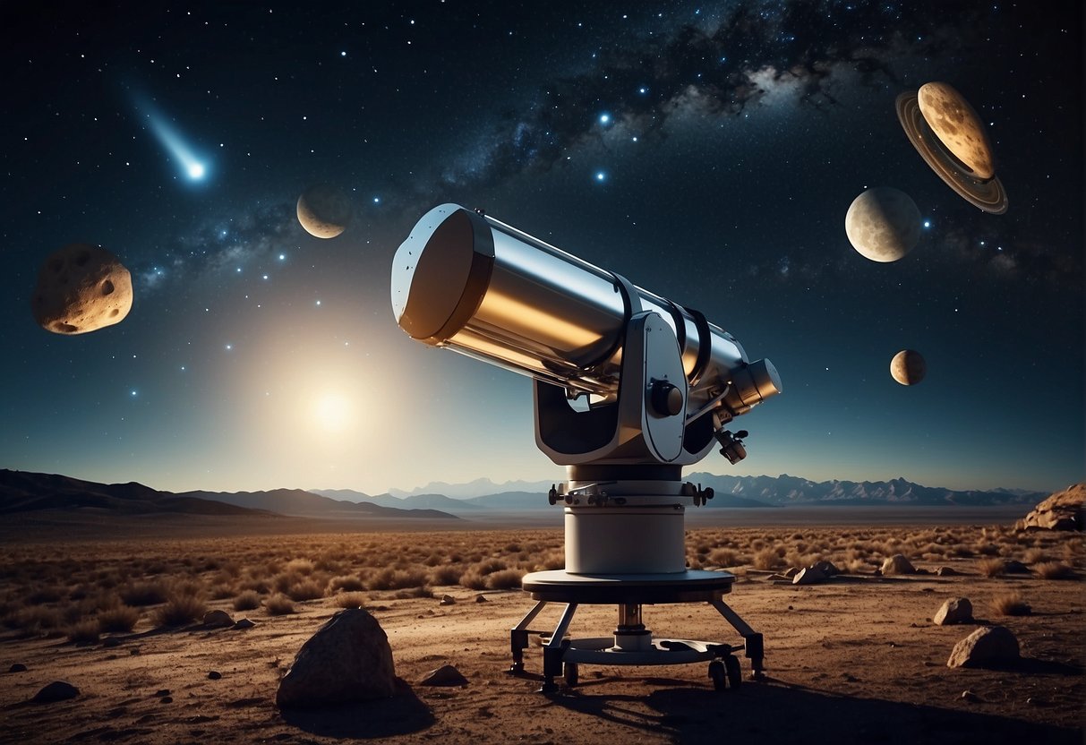 Astronomical observatory tracking asteroids and comets. Telescopes scanning the night sky, scientists analyzing data. Rocket launching to intercept cosmic hazards