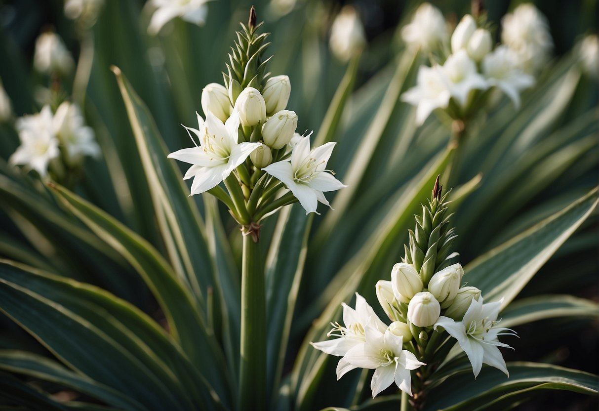A yucca plant with long, sword-shaped leaves and tall, white flowers surrounded by bulbous green pods