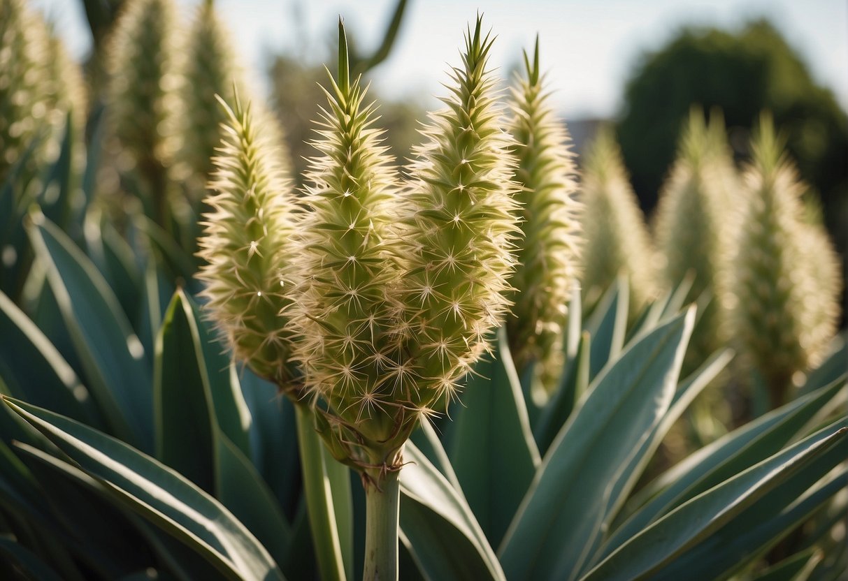 Yucca plants with long, sword-like leaves surround tall flower spikes with bulbous clusters at the base