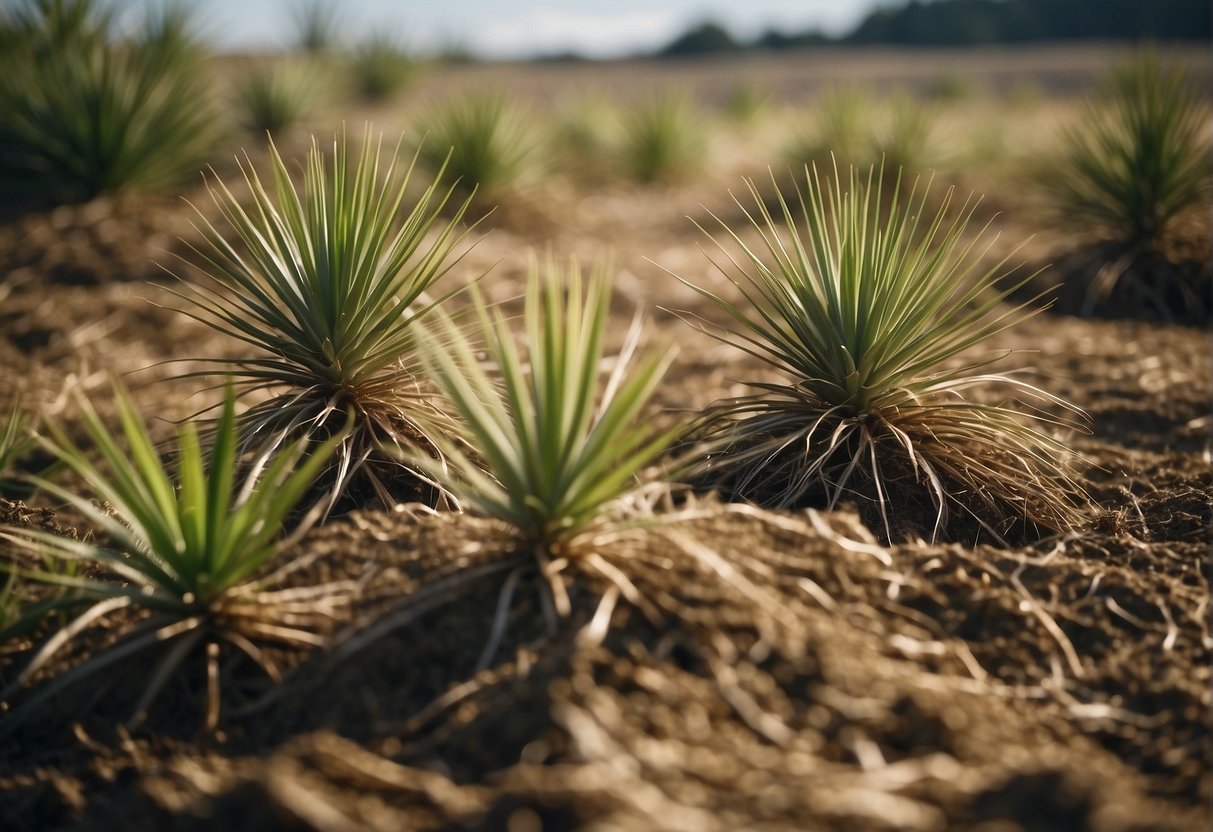 Yucca plants being uprooted and removed from a pasture