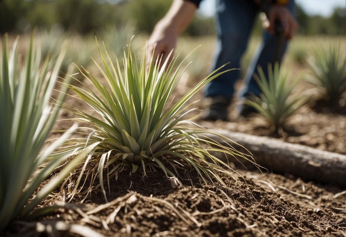 Yucca plants being uprooted and removed from a pasture using mechanical tools