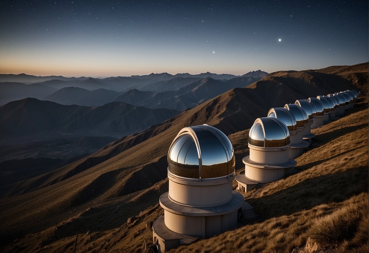 A row of observatories perched on a mountain ridge, overlooking a vast expanse of starry sky. Telescopes of varying sizes and shapes dot the landscape, from historic models to the towering Giant Magellan