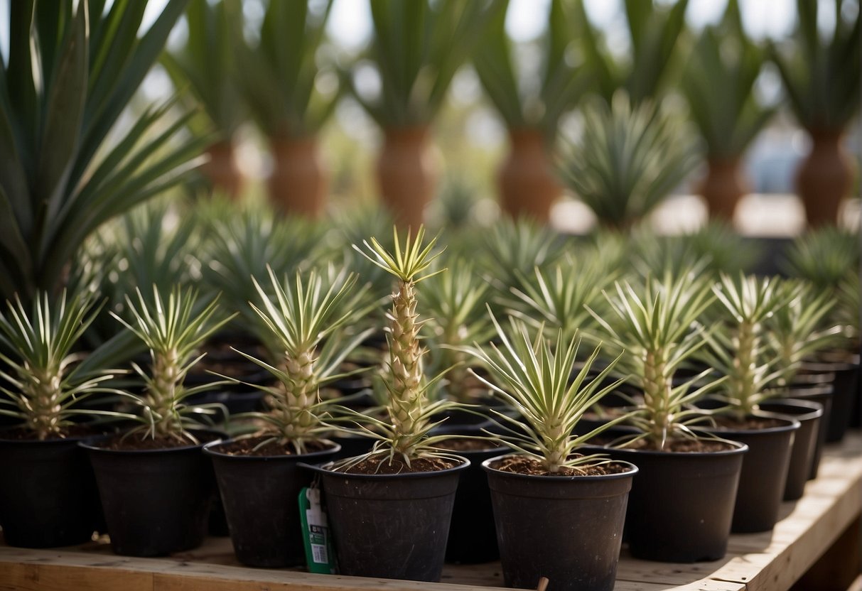Yucca plants contained in pots with barriers around the base to prevent root expansion. Pruning shears cutting back new growth