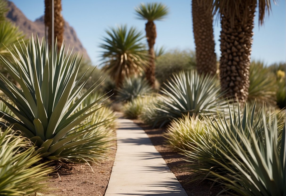 Yucca plants encroach on a tidy garden path, their long, spiky leaves spilling over onto the walkway, creating a sense of overgrowth