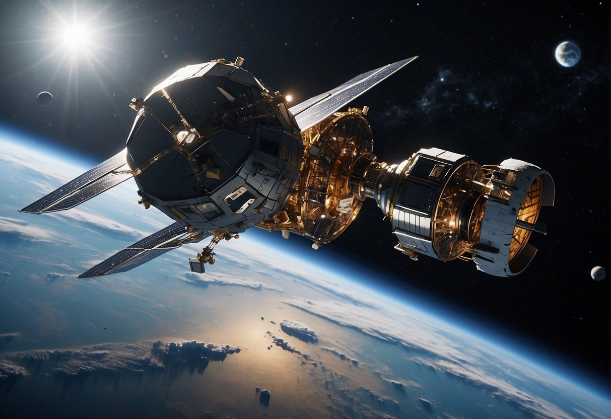 A spacecraft equipped with advanced technology orbits Earth, capturing and removing space debris. A network of satellites and robotic arms work together to clean up the outer space environment