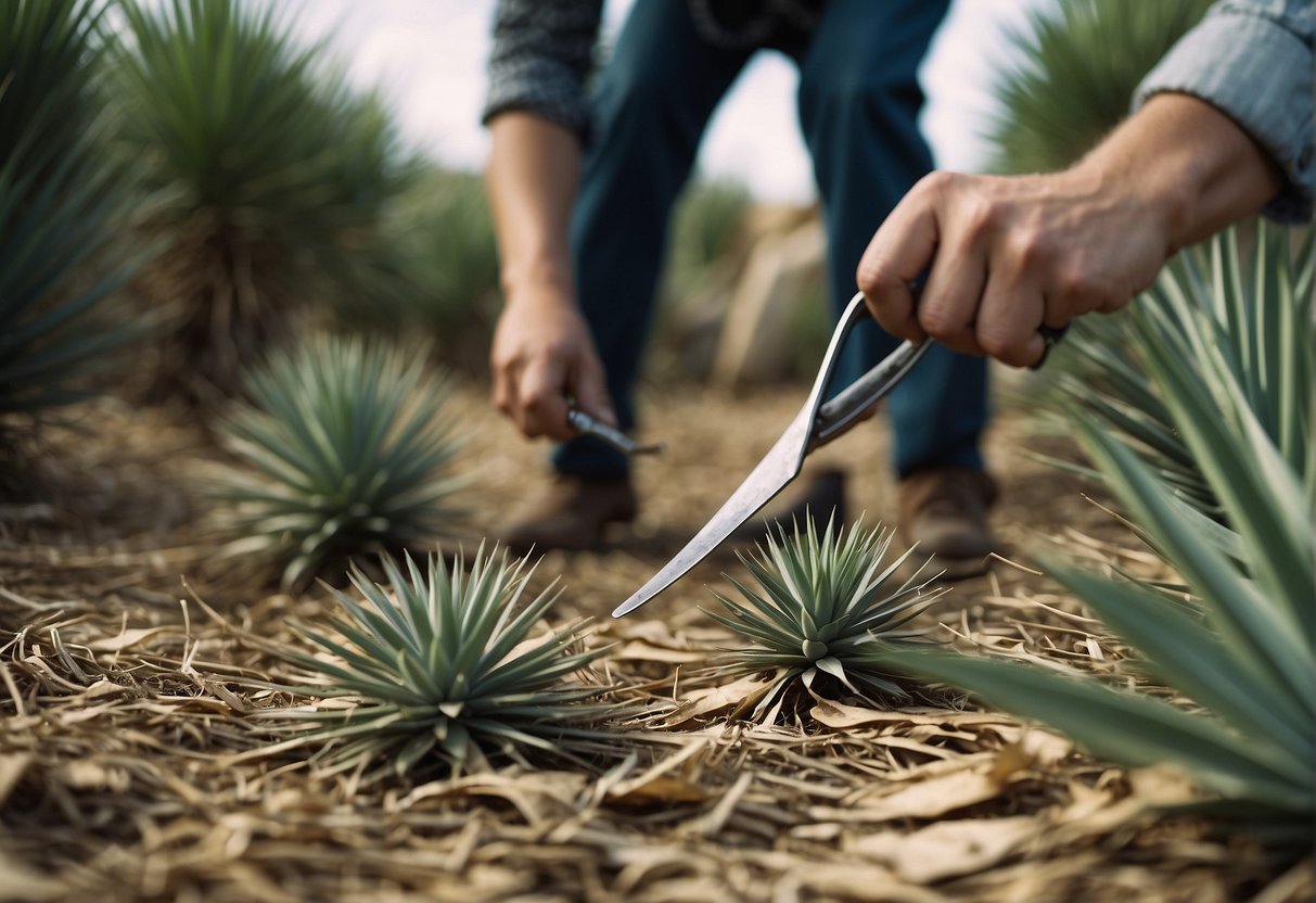 Yucca plants being trimmed with sharp shears, cut leaves falling to the ground, and a pile of discarded foliage nearby