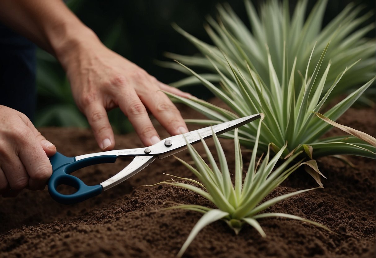 A pair of gardening shears trims back a yucca plant. Cuttings are placed in soil to propagate new plants