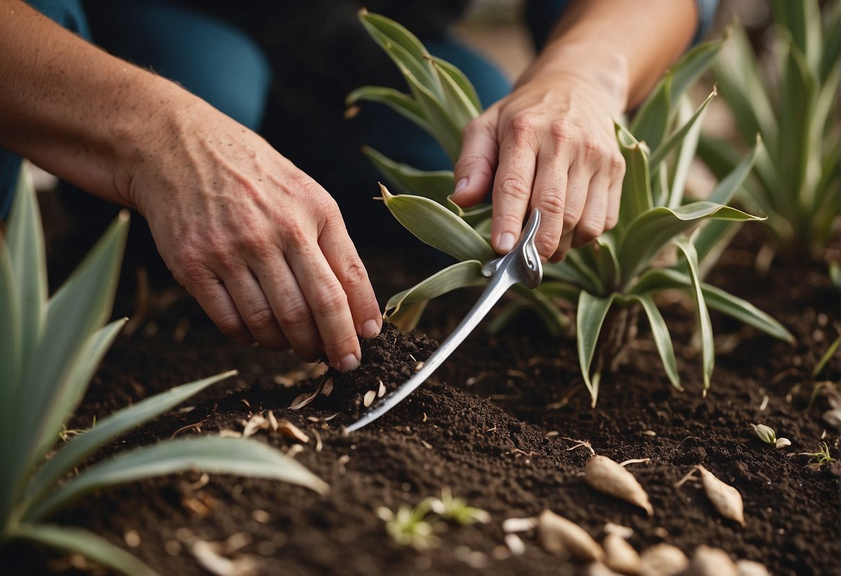 A pair of hands repotting a yucca plant, trimming dead leaves, and watering it