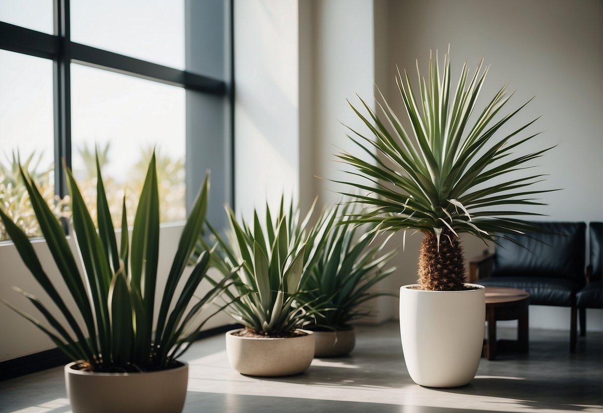 A yucca plant stands tall in a minimalistic, modern space, with clean lines and neutral colors. It is placed in a well-lit area with plenty of natural sunlight, and surrounded by other simple, low-maintenance plants