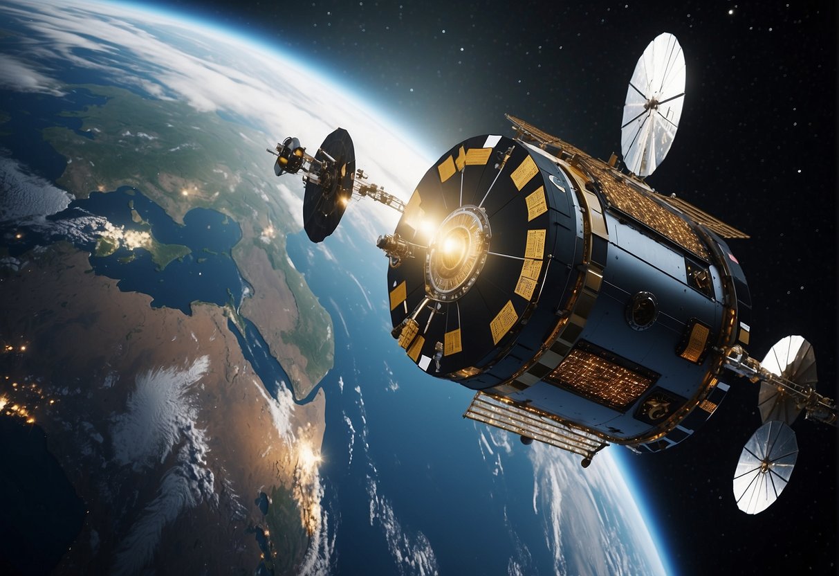 Spacecraft orbiting Earth, with communication satellites transmitting data. Regulatory symbols and international flags displayed in the background