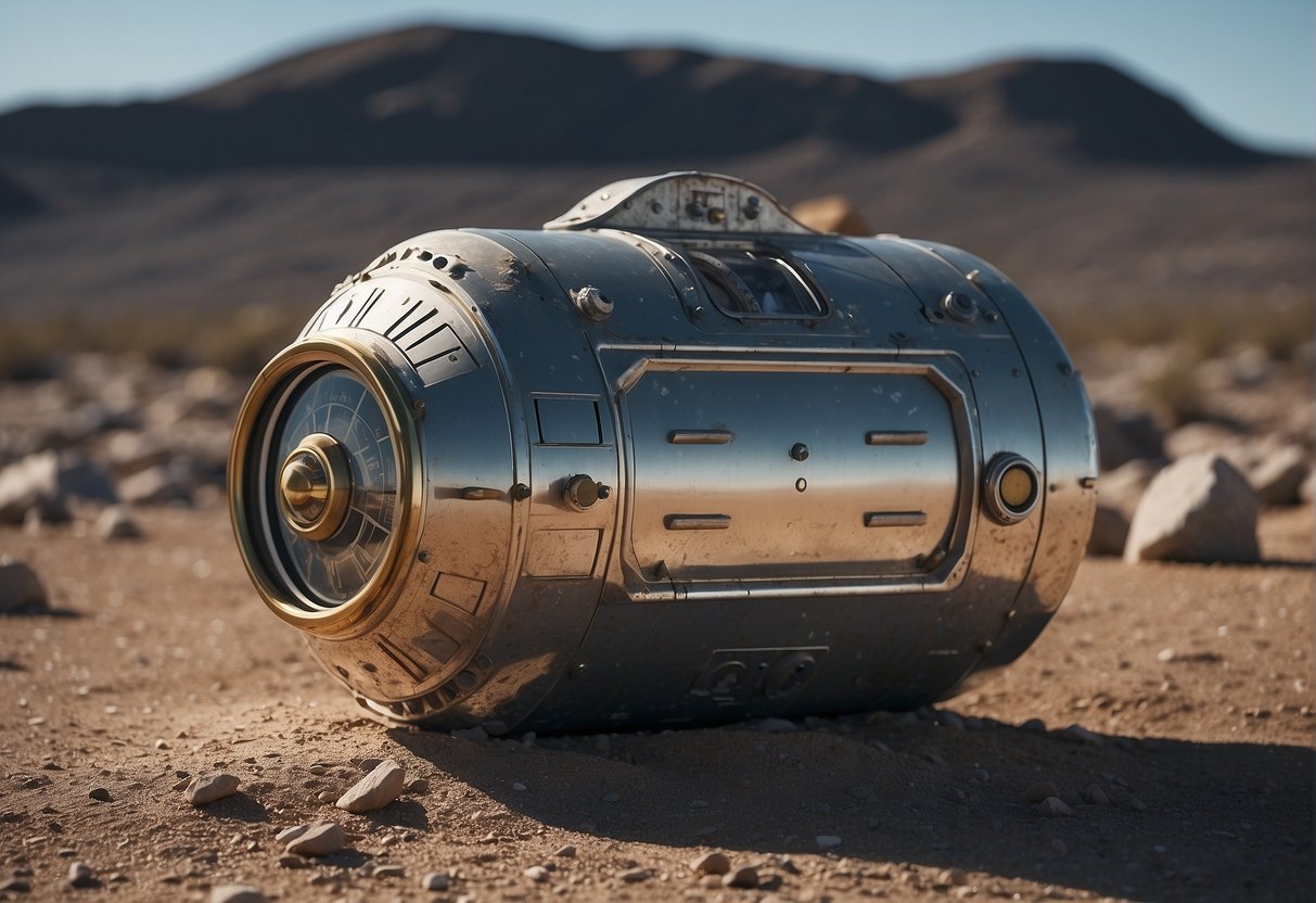 Humanity's Legacy: A metallic time capsule sits on a barren lunar landscape, surrounded by the remnants of old space exploration equipment. The Earth looms large in the background, a symbol of humanity's legacy in the space age