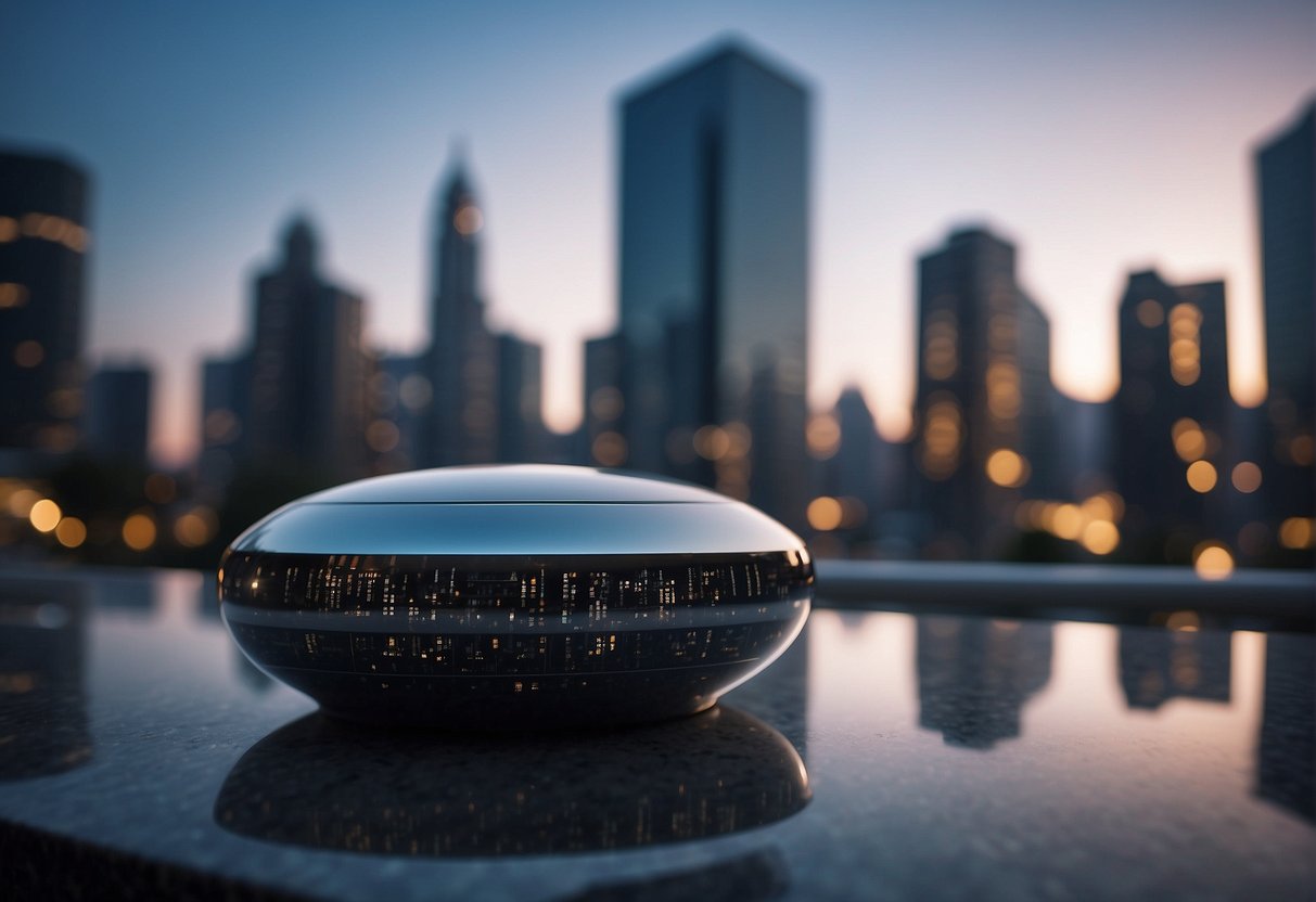 A time capsule, buried in a futuristic city, surrounded by advanced technology and towering skyscrapers, symbolizing humanity's legacy in the space age