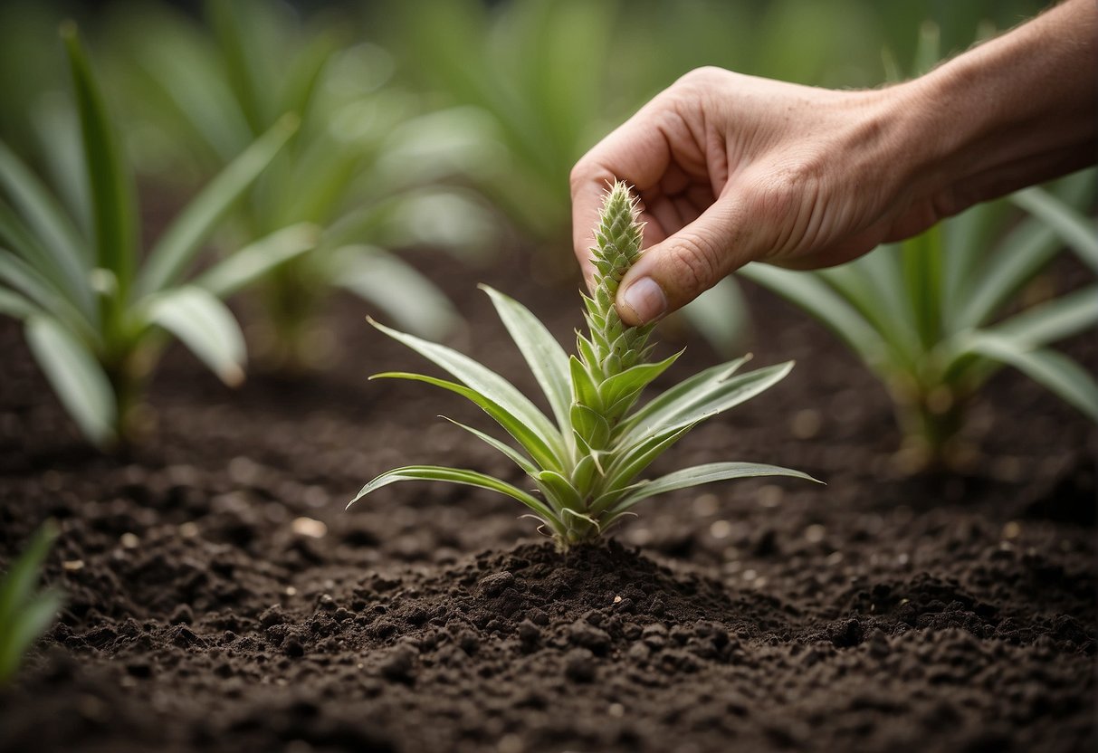 A person pours raw yucca extract onto the soil around a healthy marijuana plant, demonstrating the application method for enhancing plant growth