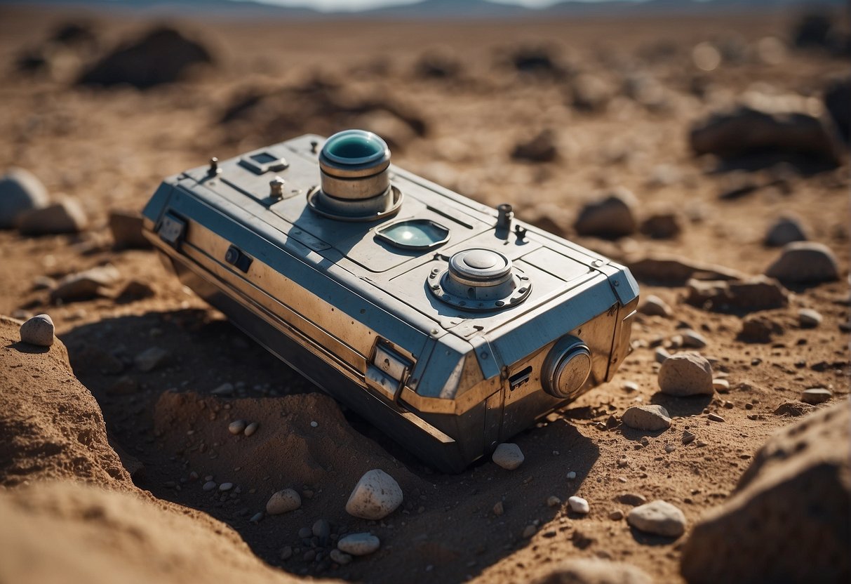A time capsule, filled with artifacts from the space age, sits on a barren planet, surrounded by remnants of space exploration
